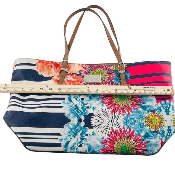 Nine West Floral Stripe Tote Bag With Brown Handles & Interior Pockets - Picture 8 of 8